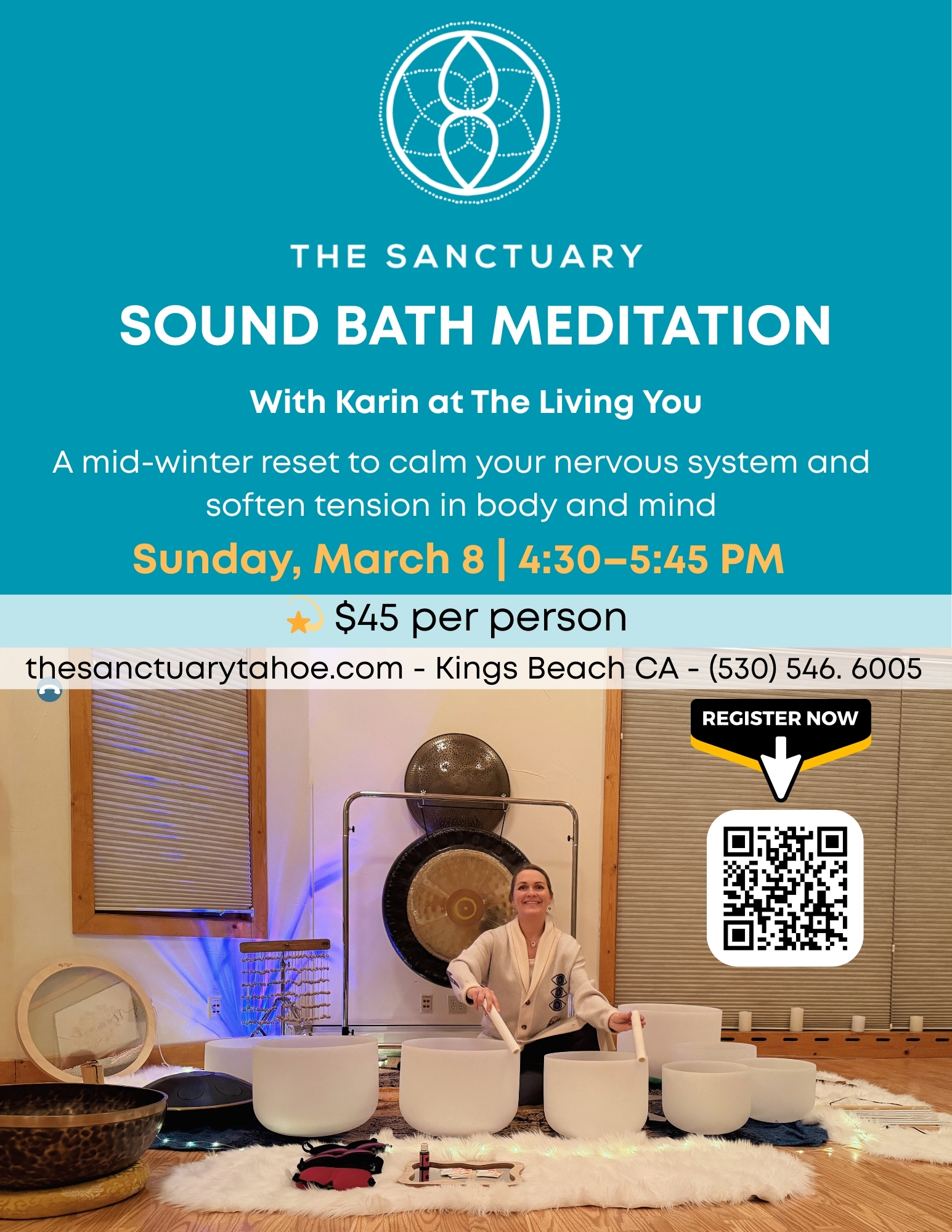 Flyer for Sound Bath Meditation Workshop at The Sanctuary Tahoe