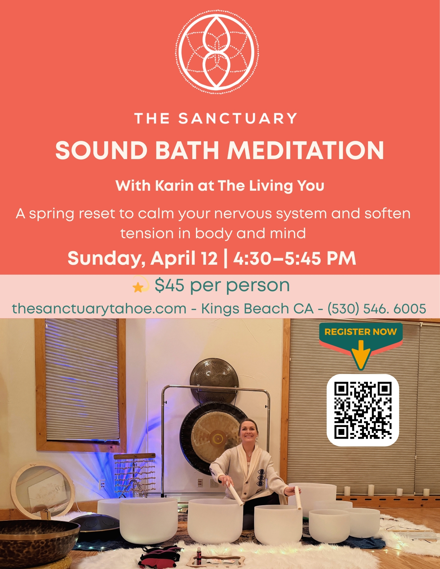 Poster for Sound Bath Meditation with Karin on Sunday April 12th