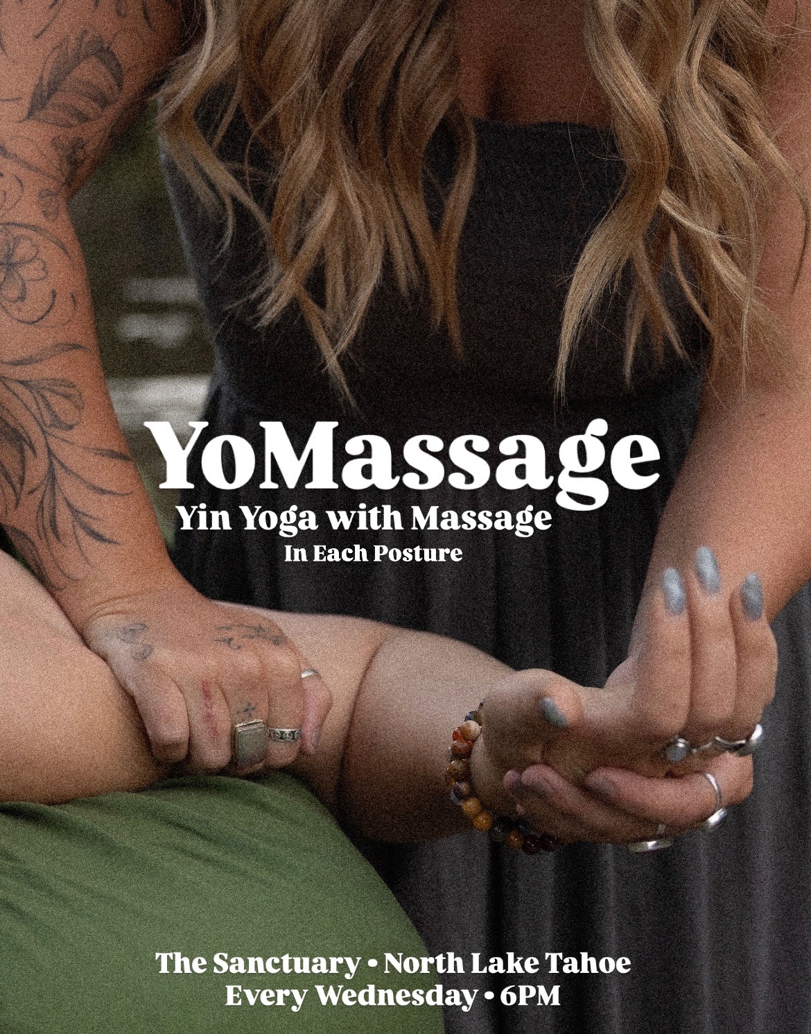 Poster for Yomassage, yin yoga with massage at The Sanctuary Tahoe.